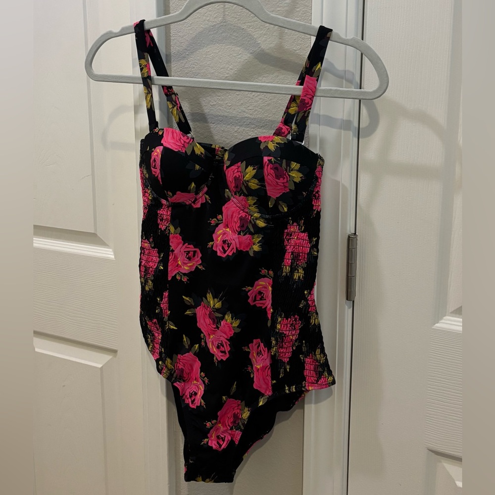 Floral Pink Rose One-Piece Swimsuit - Black Background